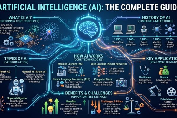 AI complete Guide. The Complete Guide" covering definition, history, types, core technologies, key applications, benefits, and ethical challenges.
