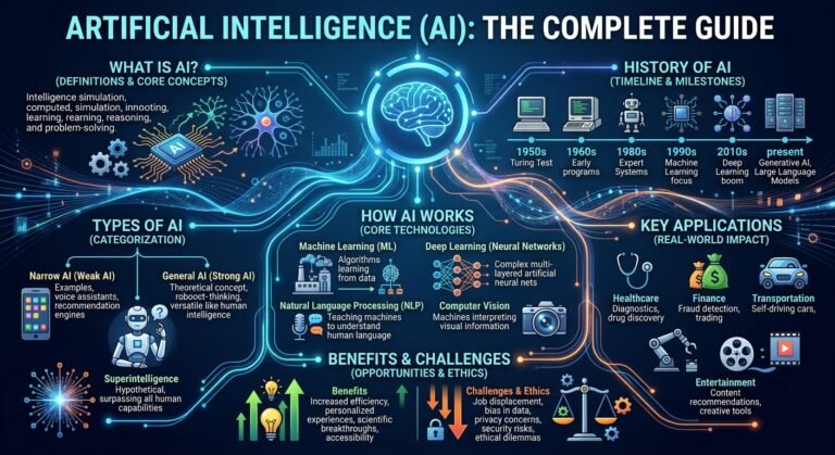 AI complete Guide. The Complete Guide" covering definition, history, types, core technologies, key applications, benefits, and ethical challenges.