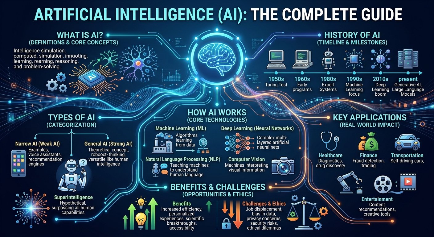 AI complete Guide. The Complete Guide" covering definition, history, types, core technologies, key applications, benefits, and ethical challenges.