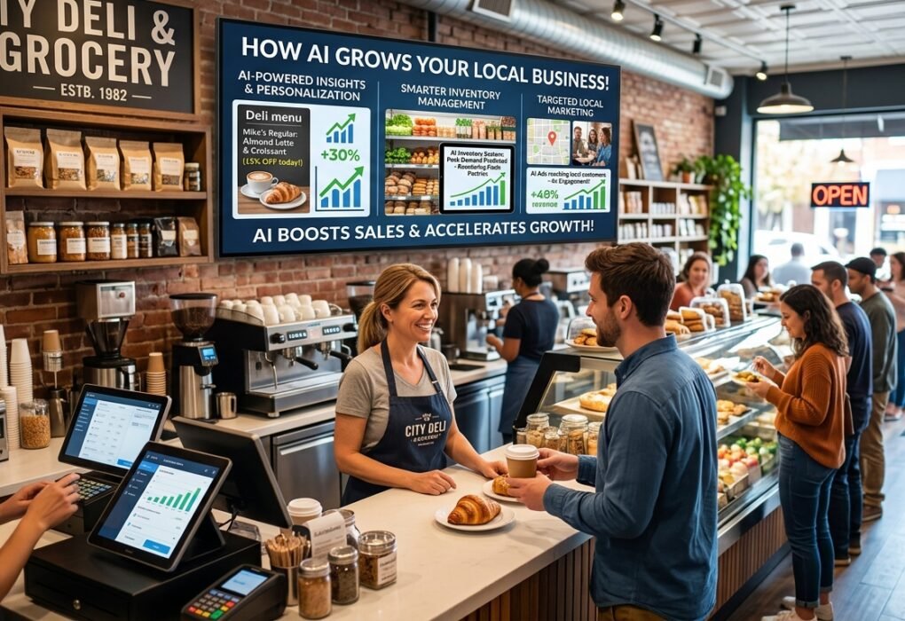 Modern local shop using AI technology for inventory management and customer insights to boost sales and business growth.