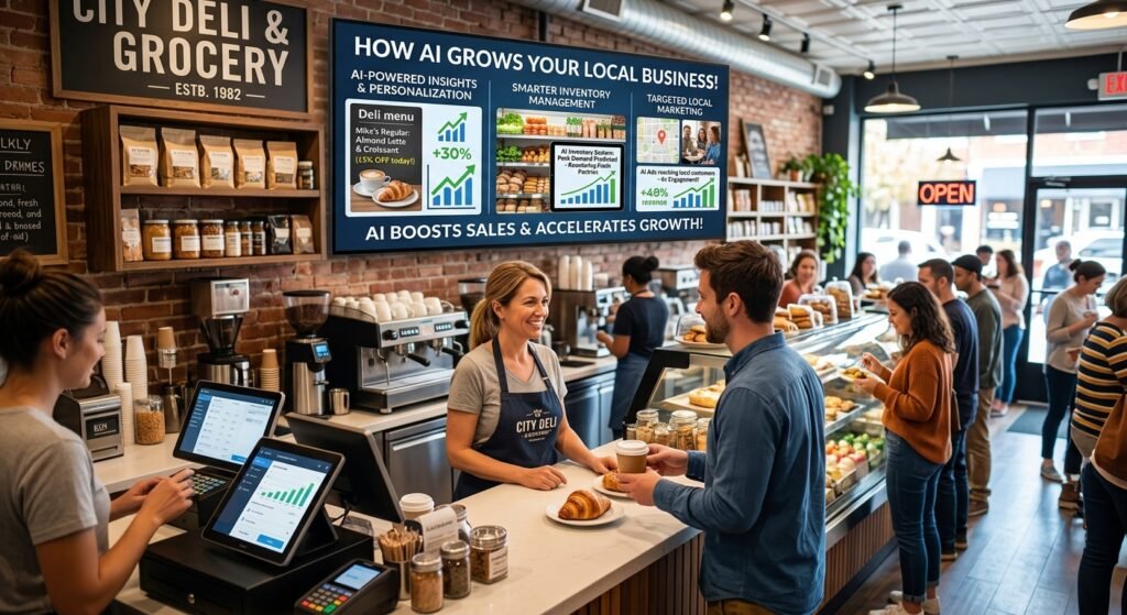 Modern local shop using AI technology for inventory management and customer insights to boost sales and business growth.